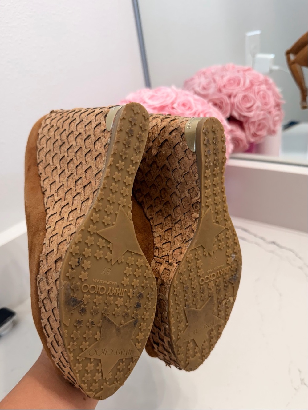 Jimmy Choo Tan Suede Wedge Sandals with Cork Platform - Picture 7 of 7